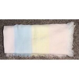 VTG All Mine Bunny Knit Baby Blanket Acrylic Pastel Pink Blue Yellow Japan Made